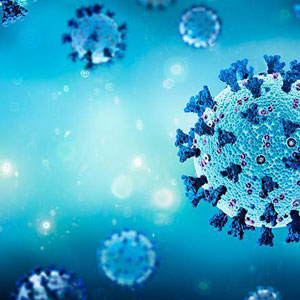 Artistic representation of viruses in shades of blue and turquoise against a clear blue background- Moss Bollinger LLP