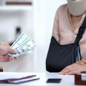 A person exchanging cash across a table. One hands over money, the other receives. Indoor setting with light walls- Moss Bollinger LLP