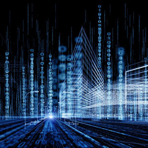 computer-generated image of a futuristic city skyline with towering skyscrapers - Moss Bollinger LLP